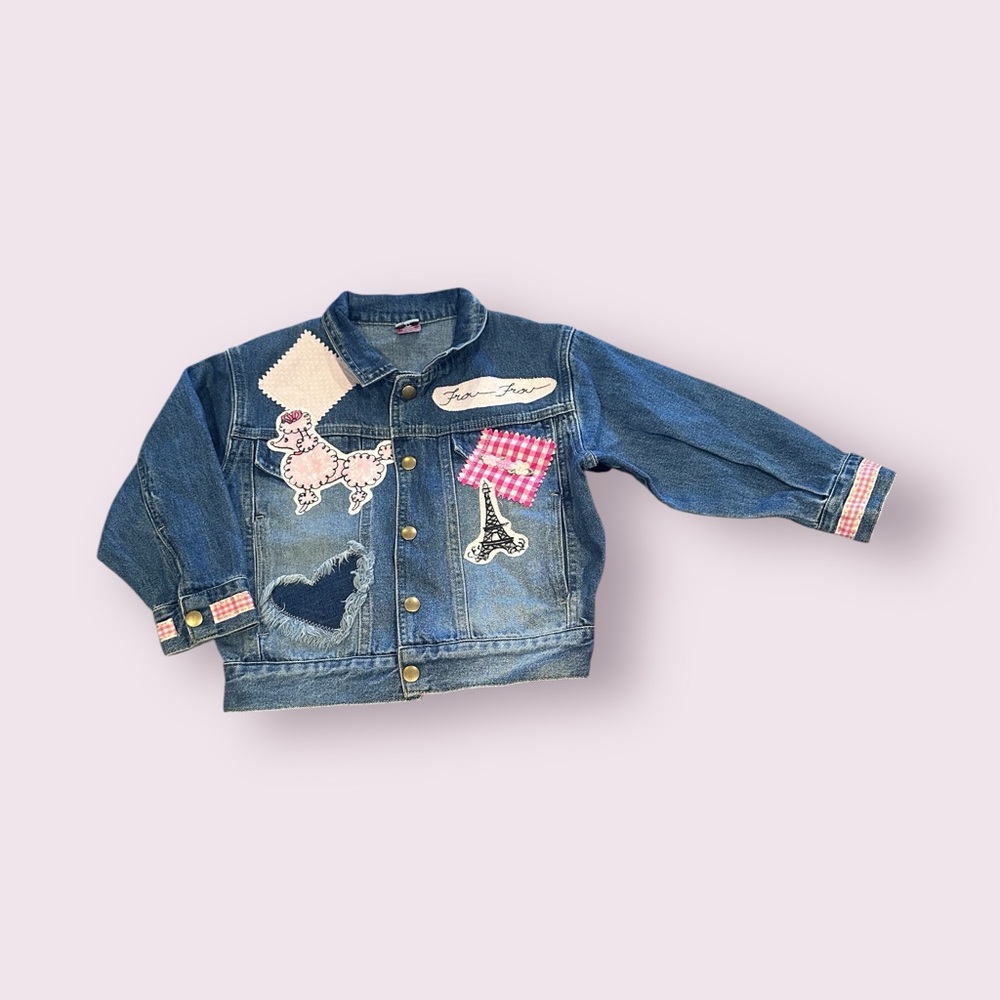 Vintage Toddlee Denim Jacket with Parisian Patches Poodle Frou Frou Sz 4T